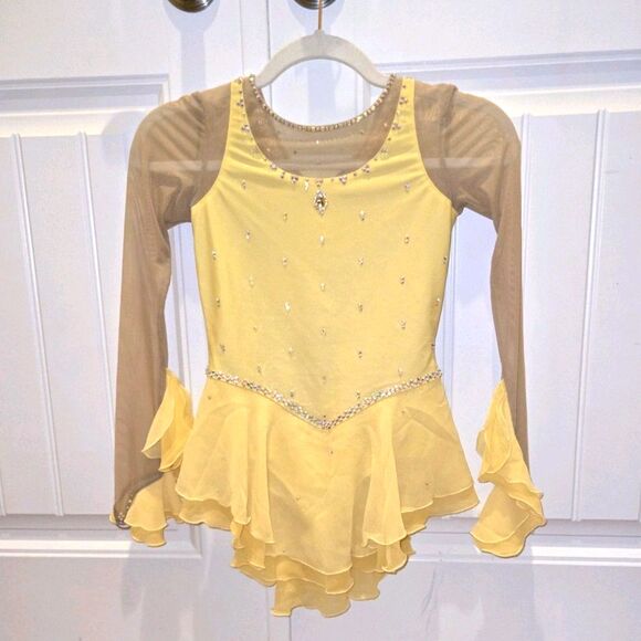 Competition Dress Yellow flowing FIGURE SKATING/ ice skating costume Girls Large - Picture 2 of 6